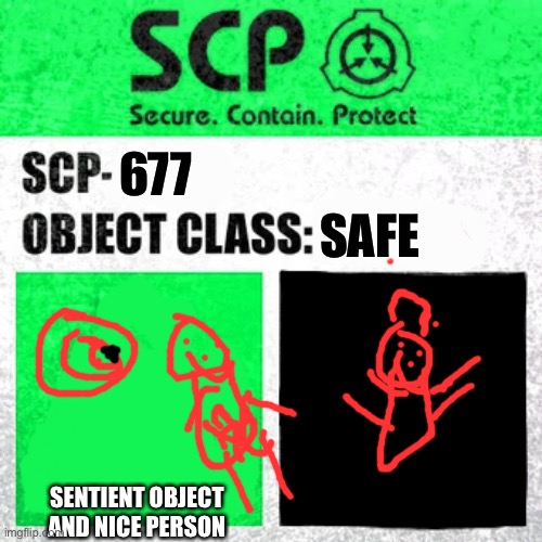 SCP Label Template: Safe |  SAFE; 677; SENTIENT OBJECT AND NICE PERSON | image tagged in scp label template safe | made w/ Imgflip meme maker