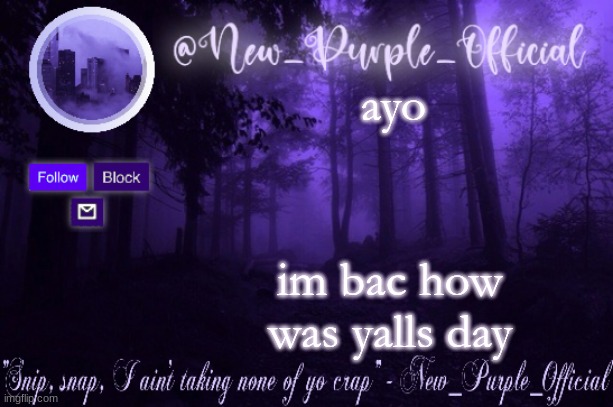 Purple's Announcement | ayo; im bac how was yalls day | image tagged in purple's announcement | made w/ Imgflip meme maker