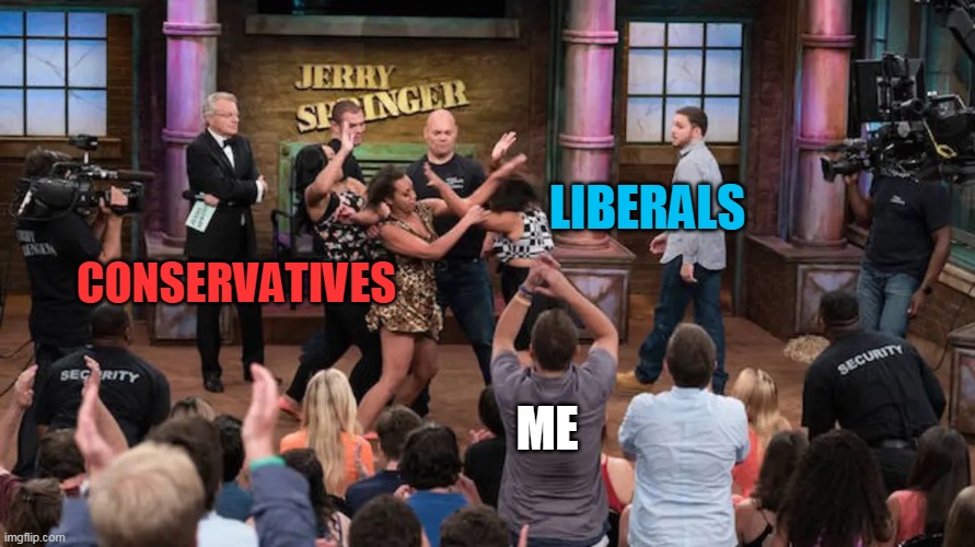 America Today | LIBERALS; CONSERVATIVES; ME | image tagged in conservatives,liberals,jerry springer,lunatics,right wing,left wing | made w/ Imgflip meme maker