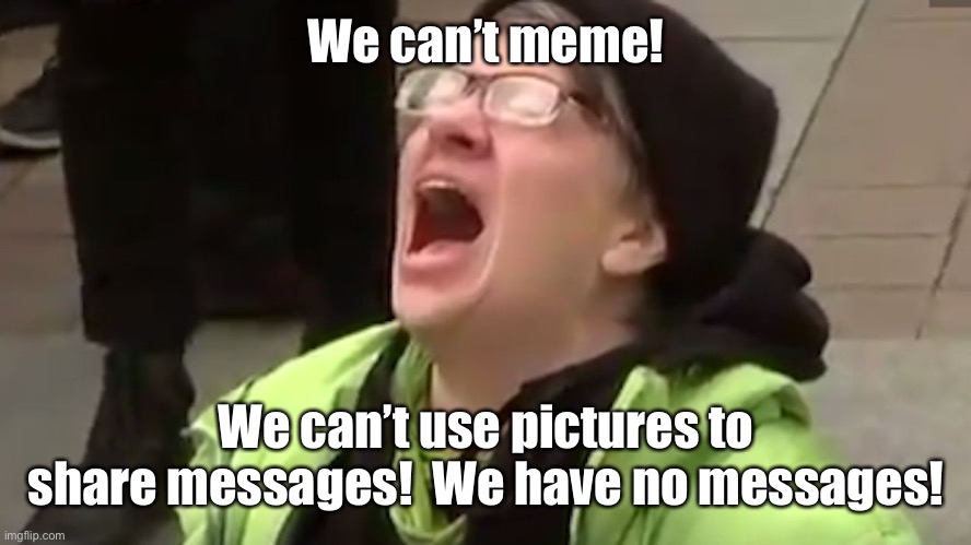 Screaming Liberal  | We can’t meme! We can’t use pictures to share messages!  We have no messages! | image tagged in screaming liberal | made w/ Imgflip meme maker