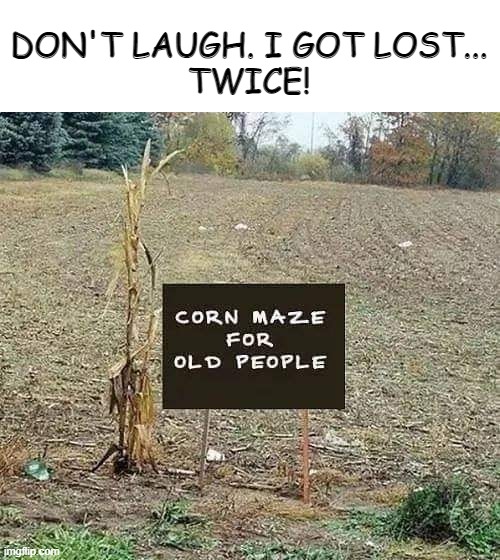 Corn Maze | DON'T LAUGH. I GOT LOST...
TWICE! | image tagged in old people,maze | made w/ Imgflip meme maker