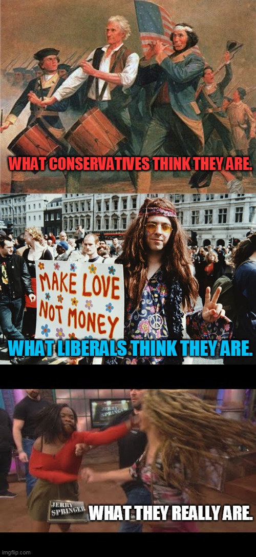 Sit Back and Enjoy the Show | WHAT CONSERVATIVES THINK THEY ARE. WHAT LIBERALS THINK THEY ARE. WHAT THEY REALLY ARE. | image tagged in liberals,conservatives,right,left,lunatics,jerry springer | made w/ Imgflip meme maker