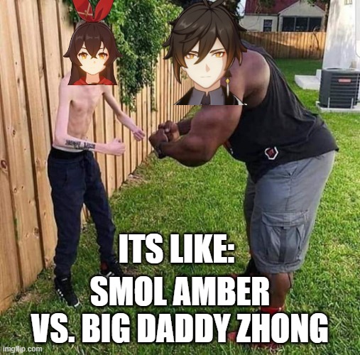 Muscular guy, smol guy | ITS LIKE:; SMOL AMBER VS. BIG DADDY ZHONG | image tagged in muscular guy smol guy | made w/ Imgflip meme maker