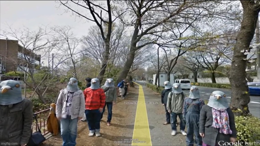 Japanese people wearing pigeon masks found on google earth | made w/ Imgflip meme maker