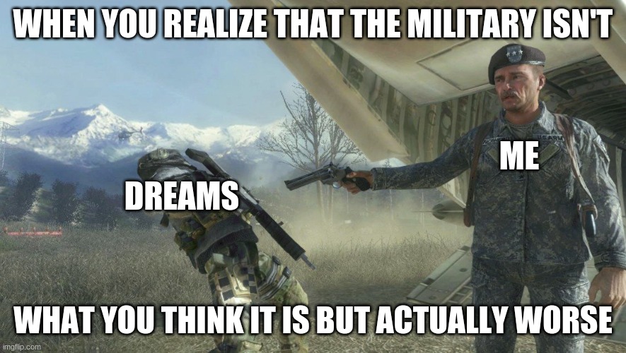 NOOOOO GHOST |  WHEN YOU REALIZE THAT THE MILITARY ISN'T; ME; DREAMS; WHAT YOU THINK IT IS BUT ACTUALLY WORSE | image tagged in shepard and ghost | made w/ Imgflip meme maker