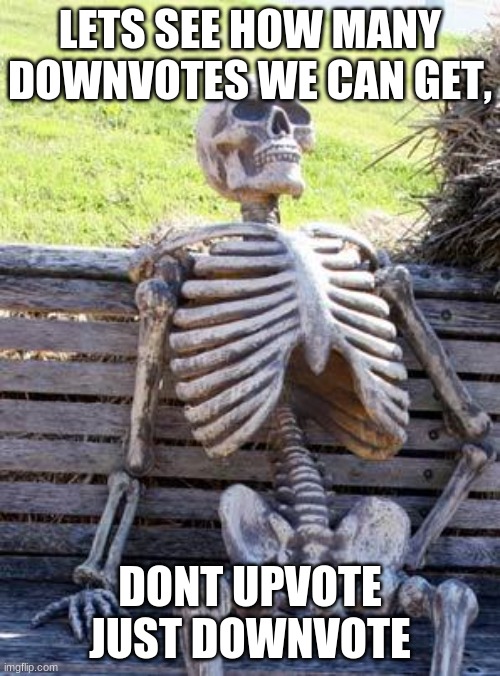 Waiting Skeleton Meme | LETS SEE HOW MANY DOWNVOTES WE CAN GET, DONT UPVOTE JUST DOWNVOTE | image tagged in memes,waiting skeleton | made w/ Imgflip meme maker