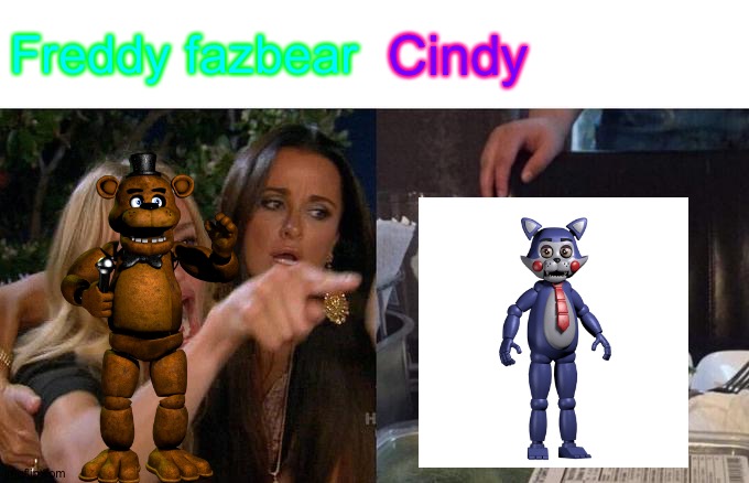 Fred vs candy | Freddy fazbear; Cindy | image tagged in memes,woman yelling at cat | made w/ Imgflip meme maker