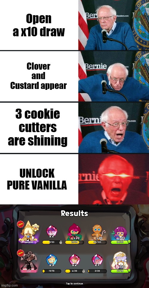 cookie run kingdom luck | Open a x10 draw; Clover and Custard appear; 3 cookie cutters are shining; UNLOCK PURE VANILLA | image tagged in bernie sanders reaction nuked | made w/ Imgflip meme maker