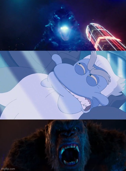 Godzilla and Kong are angry at Andrias | image tagged in godzilla,kong,amphibia,angry,roar,villain | made w/ Imgflip meme maker