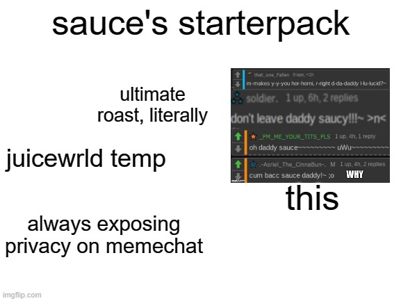 no offense, dude | sauce's starterpack; ultimate roast, literally; juicewrld temp; this; always exposing privacy on memechat | image tagged in blank white template | made w/ Imgflip meme maker