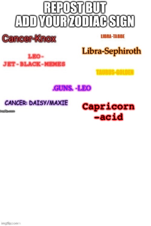Capricorn
-acid | made w/ Imgflip meme maker