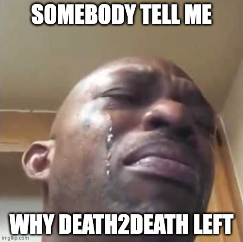 We're losing good memers | SOMEBODY TELL ME; WHY DEATH2DEATH LEFT | image tagged in crying guy meme | made w/ Imgflip meme maker