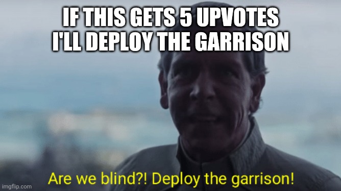 Are we blind? Deploy the garrison! | IF THIS GETS 5 UPVOTES I'LL DEPLOY THE GARRISON | image tagged in are we blind deploy the garrison | made w/ Imgflip meme maker