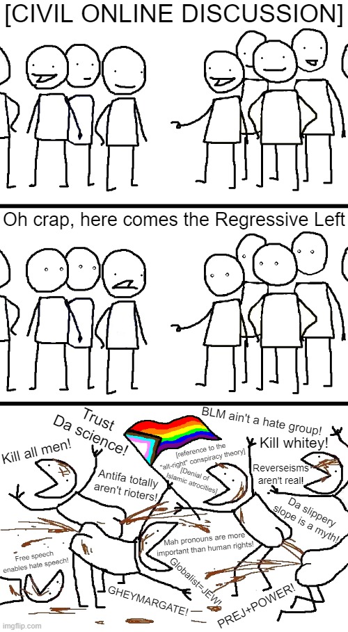 Regressive left in a nutshell | [CIVIL ONLINE DISCUSSION]; Oh crap, here comes the Regressive Left; Trust Da science! BLM ain't a hate group! Kill whitey! Kill all men! [reference to the "alt-right" conspiracy theory]; Reverseisms aren't real! [Denial of Islamic atrocities]; Antifa totally aren't rioters! Da slippery slope is a myth! Mah pronouns are more important than human rights! Free speech enables hate speech! Globalist=JEW! GHEYMARGATE! PREJ+POWER! | image tagged in politics,regressive left | made w/ Imgflip meme maker