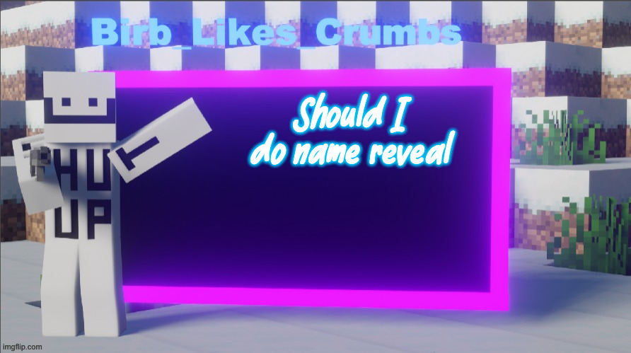 Birb_Likes_Crumbs announcement template | Should I do name reveal | image tagged in birb_likes_crumbs announcement template | made w/ Imgflip meme maker