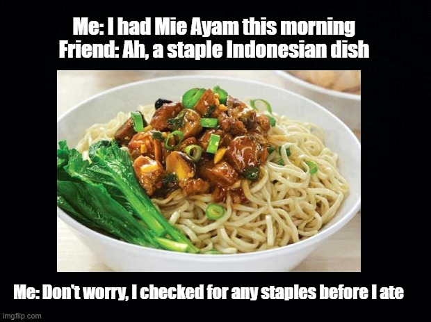 Staple Indonesian Dish | Me: I had Mie Ayam this morning
Friend: Ah, a staple Indonesian dish; Me: Don't worry, I checked for any staples before I ate | image tagged in noodles,chicken,pun | made w/ Imgflip meme maker