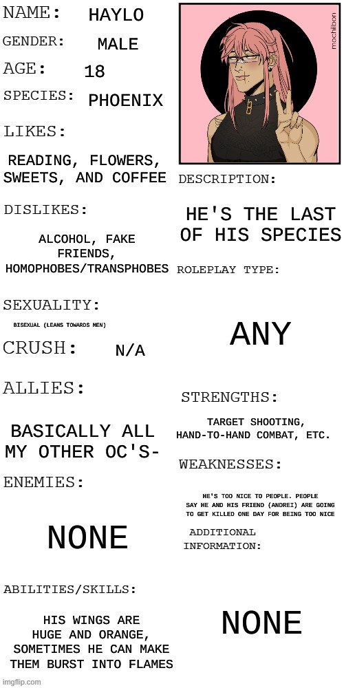 i have a problem making male Oc's- BUT I DON'T CARE :D | HAYLO; MALE; 18; PHOENIX; READING, FLOWERS, SWEETS, AND COFFEE; HE'S THE LAST OF HIS SPECIES; ALCOHOL, FAKE FRIENDS, HOMOPHOBES/TRANSPHOBES; ANY; BISEXUAL (LEANS TOWARDS MEN); N/A; TARGET SHOOTING, HAND-TO-HAND COMBAT, ETC. BASICALLY ALL MY OTHER OC'S-; HE'S TOO NICE TO PEOPLE. PEOPLE SAY HE AND HIS FRIEND (ANDREI) ARE GOING TO GET KILLED ONE DAY FOR BEING TOO NICE; NONE; NONE; HIS WINGS ARE HUGE AND ORANGE, SOMETIMES HE CAN MAKE THEM BURST INTO FLAMES | image tagged in updated roleplay oc showcase | made w/ Imgflip meme maker