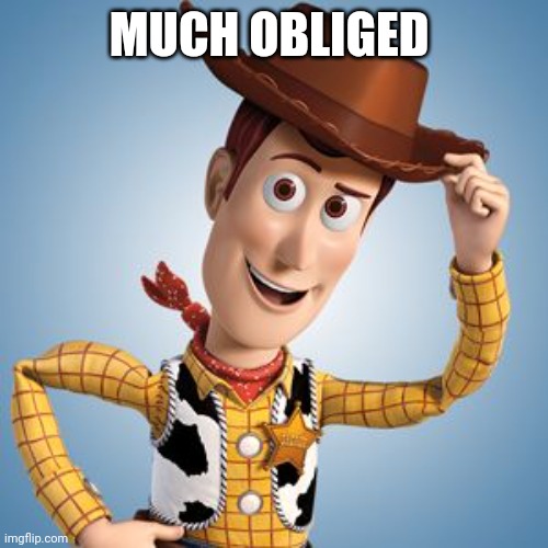 Woody tip hat frowny | MUCH OBLIGED | image tagged in woody tip hat frowny | made w/ Imgflip meme maker