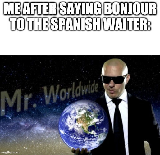Mr. Worldwide | ME AFTER SAYING BONJOUR TO THE SPANISH WAITER: | image tagged in mr worldwide | made w/ Imgflip meme maker