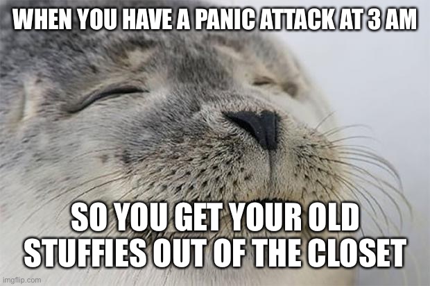 Satisfied Seal Meme |  WHEN YOU HAVE A PANIC ATTACK AT 3 AM; SO YOU GET YOUR OLD STUFFIES OUT OF THE CLOSET | image tagged in memes,satisfied seal | made w/ Imgflip meme maker