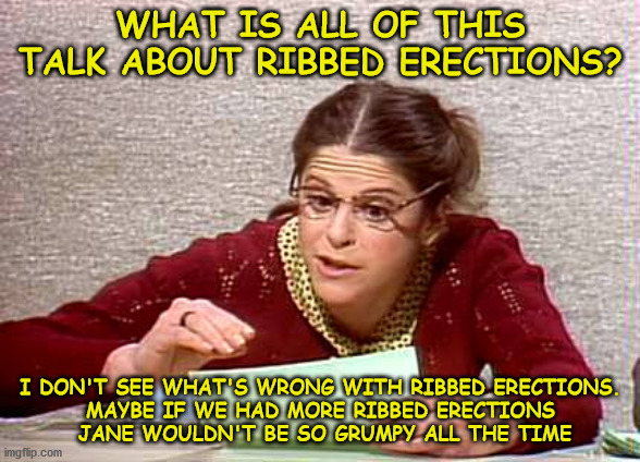 Ribbed Erections | WHAT IS ALL OF THIS TALK ABOUT RIBBED ERECTIONS? I DON'T SEE WHAT'S WRONG WITH RIBBED ERECTIONS.
MAYBE IF WE HAD MORE RIBBED ERECTIONS
 JANE WOULDN'T BE SO GRUMPY ALL THE TIME | image tagged in bad pun gilda radner playing emily litella | made w/ Imgflip meme maker