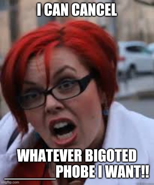 SJW Triggered | I CAN CANCEL WHATEVER BIGOTED ______PHOBE I WANT!! | image tagged in sjw triggered | made w/ Imgflip meme maker