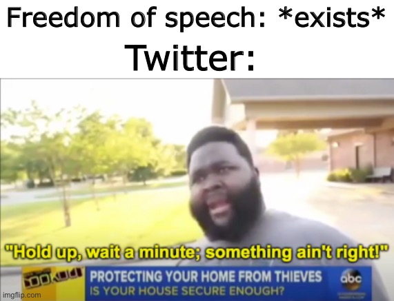 It true tho | Freedom of speech: *exists*; Twitter: | image tagged in hold up wait a minute something aint right,twitter | made w/ Imgflip meme maker