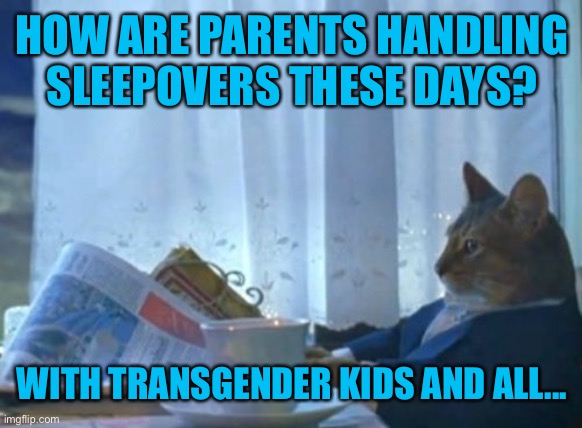 genuinely curious... | HOW ARE PARENTS HANDLING SLEEPOVERS THESE DAYS? WITH TRANSGENDER KIDS AND ALL... | image tagged in memes,i should buy a boat cat,transgender,kids,sleepover,question | made w/ Imgflip meme maker