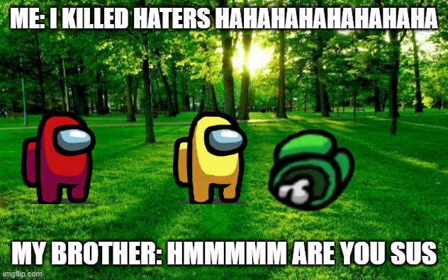 i killed my haters(punishment for haters) | ME: I KILLED HATERS HAHAHAHAHAHAHAHA; MY BROTHER: HMMMMM ARE YOU SUS | image tagged in grass and trees | made w/ Imgflip meme maker