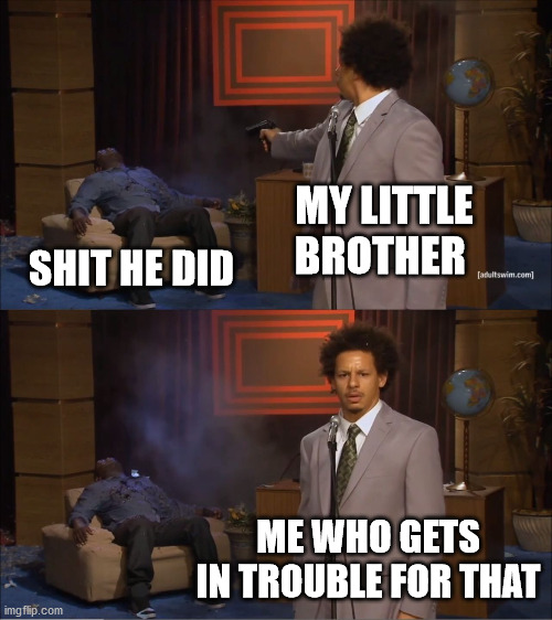 why | MY LITTLE BROTHER; SHIT HE DID; ME WHO GETS IN TROUBLE FOR THAT | image tagged in memes,who killed hannibal | made w/ Imgflip meme maker