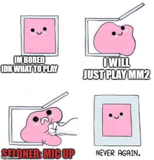 Never again | IM BORED IDK WHAT TO PLAY; I WILL JUST PLAY MM2; SELDNER: MIC UP | image tagged in never again | made w/ Imgflip meme maker