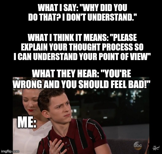 What I mean what they hear | WHAT I SAY: "WHY DID YOU DO THAT? I DON'T UNDERSTAND."; WHAT I THINK IT MEANS: "PLEASE EXPLAIN YOUR THOUGHT PROCESS SO I CAN UNDERSTAND YOUR POINT OF VIEW"; WHAT THEY HEAR: "YOU'RE WRONG AND YOU SHOULD FEEL BAD!"; ME: | image tagged in tom holland misunderstands | made w/ Imgflip meme maker