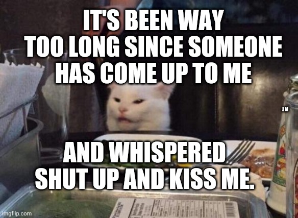 Salad cat | IT'S BEEN WAY TOO LONG SINCE SOMEONE HAS COME UP TO ME; J M; AND WHISPERED SHUT UP AND KISS ME. | image tagged in salad cat | made w/ Imgflip meme maker