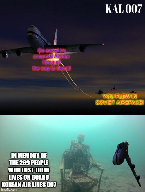 this is a true story based on official reports and eyewitness accounts.... | Go away! Im a normal Airliner flying all the way to Seoul! YOU FLEW IN SOVIET AIRSPACE! IN MEMORY OF THE 269 PEOPLE WHO LOST THEIR LIVES ON BOARD KOREAN AIR LINES 007 | image tagged in oof,i'm sorry | made w/ Imgflip meme maker
