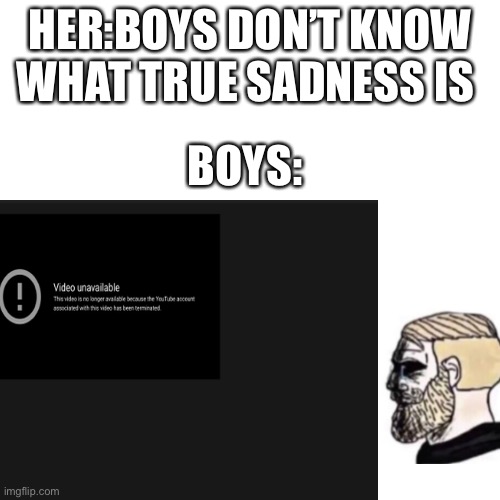 The account with the video got terminated :( | HER:BOYS DON’T KNOW WHAT TRUE SADNESS IS; BOYS: | image tagged in memes,youtube,where legends cried,dank memes,gifs,not really a gif | made w/ Imgflip meme maker