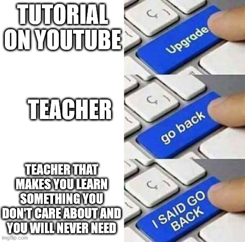I SAID GO BACK | TUTORIAL ON YOUTUBE; TEACHER; TEACHER THAT MAKES YOU LEARN SOMETHING YOU DON'T CARE ABOUT AND YOU WILL NEVER NEED | image tagged in i said go back,school,youtube | made w/ Imgflip meme maker