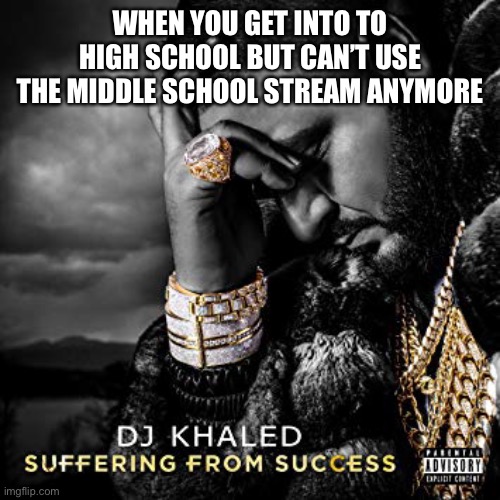 dj khaled suffering from success meme | WHEN YOU GET INTO TO HIGH SCHOOL BUT CAN’T USE THE MIDDLE SCHOOL STREAM ANYMORE | image tagged in dj khaled suffering from success meme | made w/ Imgflip meme maker