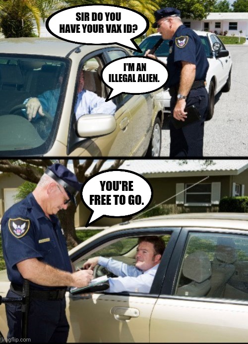 First class treatment for illegal aliens. | SIR DO YOU HAVE YOUR VAX ID? I'M AN ILLEGAL ALIEN. YOU'RE FREE TO GO. | image tagged in memes | made w/ Imgflip meme maker