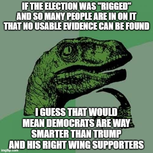 Philosoraptor | IF THE ELECTION WAS "RIGGED" AND SO MANY PEOPLE ARE IN ON IT THAT NO USABLE EVIDENCE CAN BE FOUND; I GUESS THAT WOULD MEAN DEMOCRATS ARE WAY SMARTER THAN TRUMP AND HIS RIGHT WING SUPPORTERS | image tagged in memes,philosoraptor | made w/ Imgflip meme maker