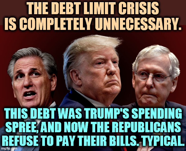 The GOP doesn't care how many millions get hurt as long as they can play their political games. America doesn't want this. | THE DEBT LIMIT CRISIS IS COMPLETELY UNNECESSARY. THIS DEBT WAS TRUMP'S SPENDING SPREE, AND NOW THE REPUBLICANS REFUSE TO PAY THEIR BILLS. TYPICAL. | image tagged in republicans,spending,hate,america | made w/ Imgflip meme maker
