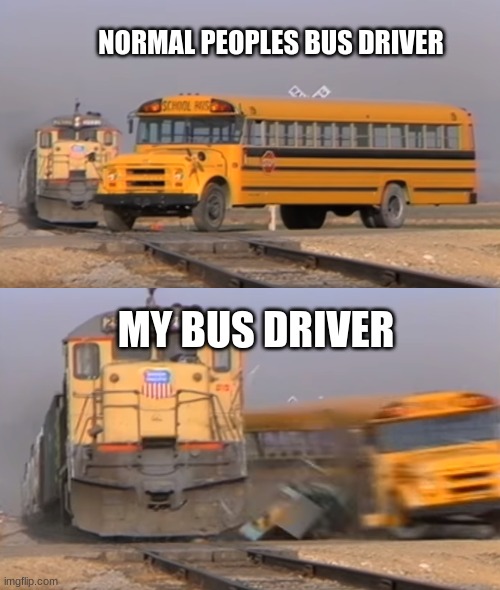 A train hitting a school bus | NORMAL PEOPLES BUS DRIVER; MY BUS DRIVER | image tagged in a train hitting a school bus | made w/ Imgflip meme maker