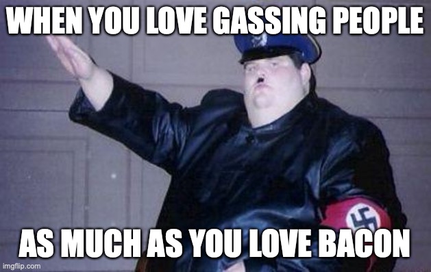 fat nazi | WHEN YOU LOVE GASSING PEOPLE; AS MUCH AS YOU LOVE BACON | image tagged in fat nazi | made w/ Imgflip meme maker