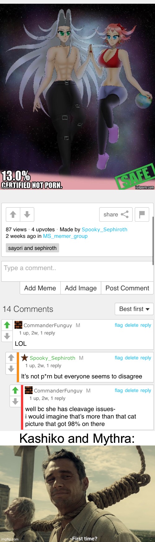 Kashiko and Mythra: | image tagged in first time,sayori and sephiroth,kashiko murasaki and mythra | made w/ Imgflip meme maker