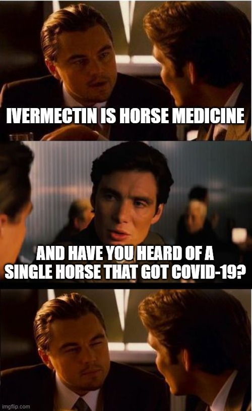 Inception Meme | IVERMECTIN IS HORSE MEDICINE AND HAVE YOU HEARD OF A SINGLE HORSE THAT GOT COVID-19? | image tagged in memes,inception | made w/ Imgflip meme maker