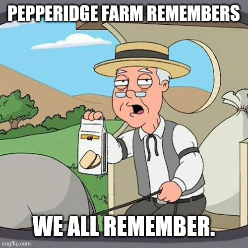 Pepperidge Farm Remembers Meme | PEPPERIDGE FARM REMEMBERS WE ALL REMEMBER. | image tagged in memes,pepperidge farm remembers | made w/ Imgflip meme maker
