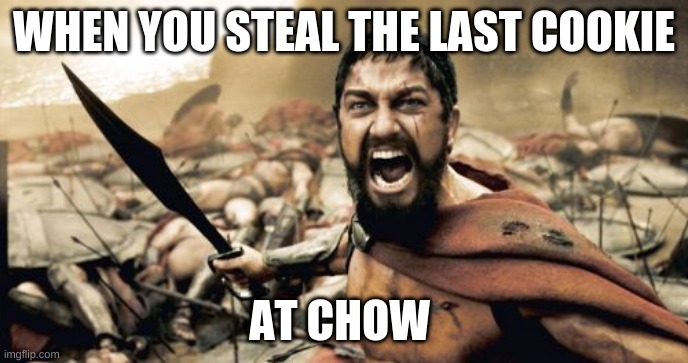 the first meme on this stream | WHEN YOU STEAL THE LAST COOKIE; AT CHOW | image tagged in memes,sparta leonidas | made w/ Imgflip meme maker