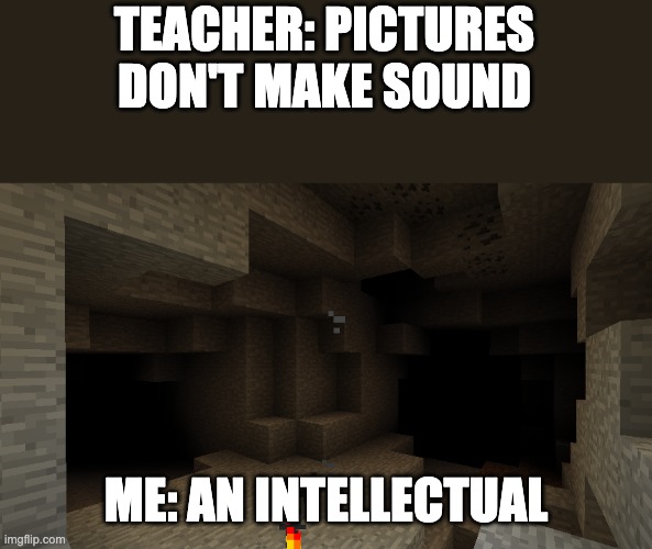 3rd meme |  TEACHER: PICTURES DON'T MAKE SOUND; ME: AN INTELLECTUAL | image tagged in minecraft,minecraft cave nosies | made w/ Imgflip meme maker