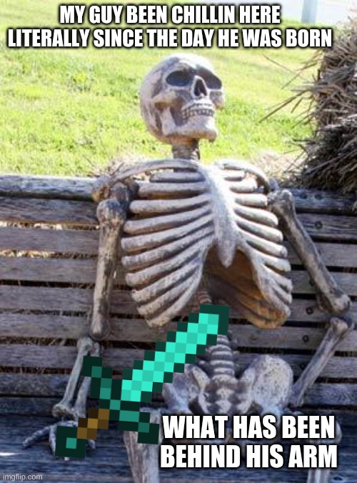 Waiting Skeleton | MY GUY BEEN CHILLIN HERE LITERALLY SINCE THE DAY HE WAS BORN; WHAT HAS BEEN BEHIND HIS ARM | image tagged in memes,waiting skeleton | made w/ Imgflip meme maker