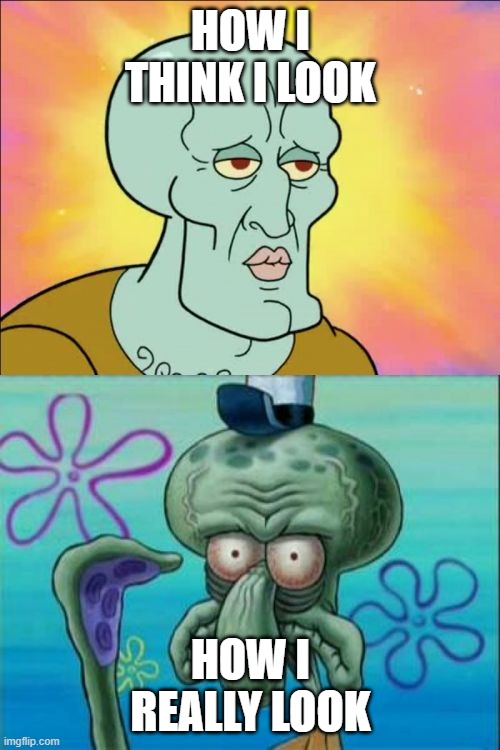 HA | HOW I THINK I LOOK; HOW I REALLY LOOK | image tagged in memes,squidward | made w/ Imgflip meme maker