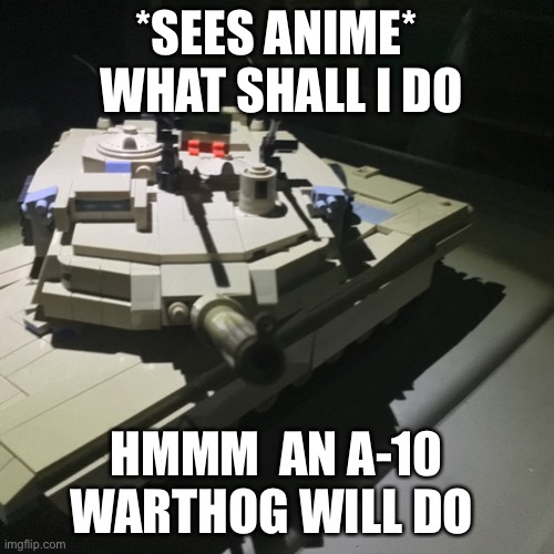 Mmmmmm tonkers | *SEES ANIME*  WHAT SHALL I DO; HMMM  AN A-10 WARTHOG WILL DO | image tagged in dark ops,tonk | made w/ Imgflip meme maker